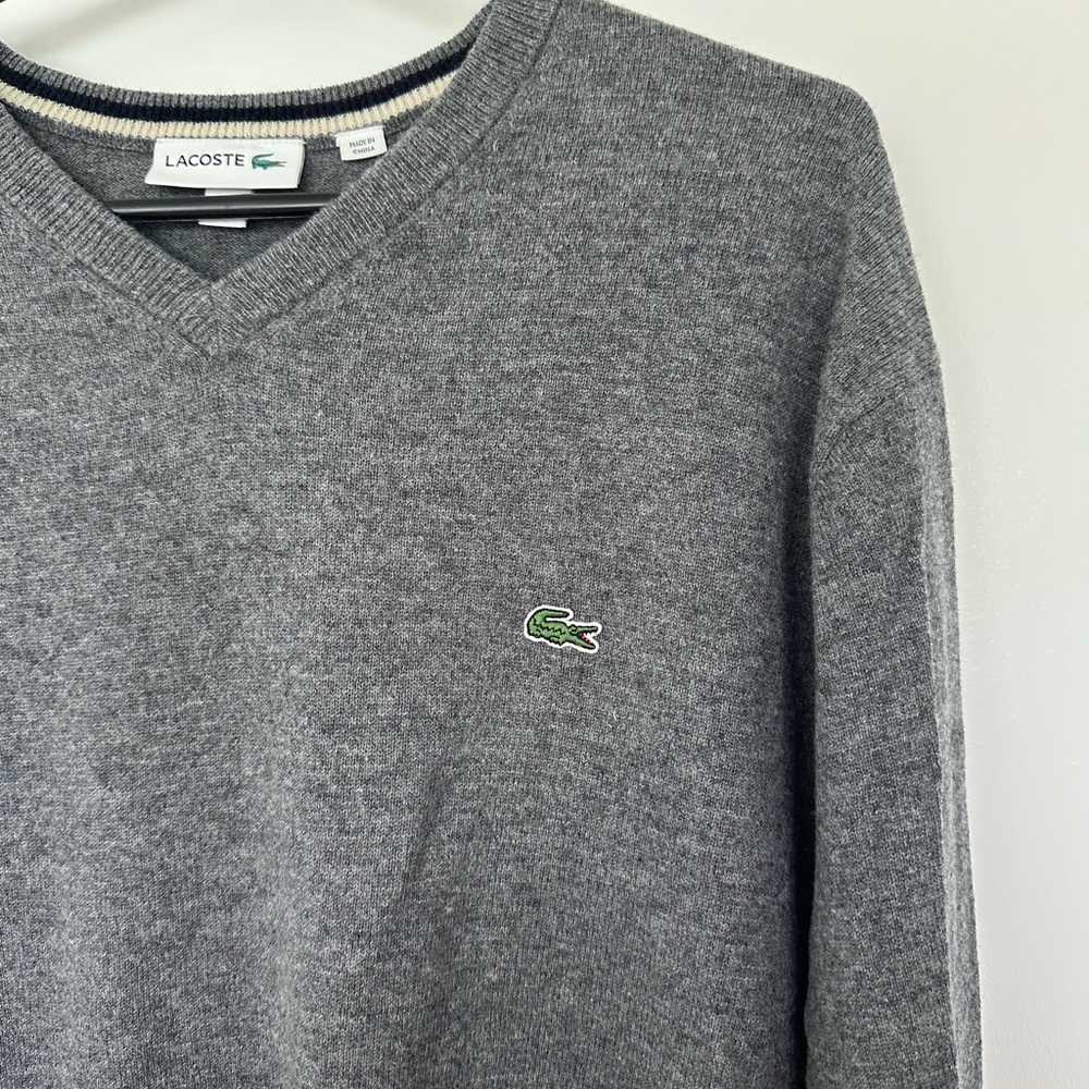 Lacoste Gray V-Neck Sweater with Fine Gauge Knit
